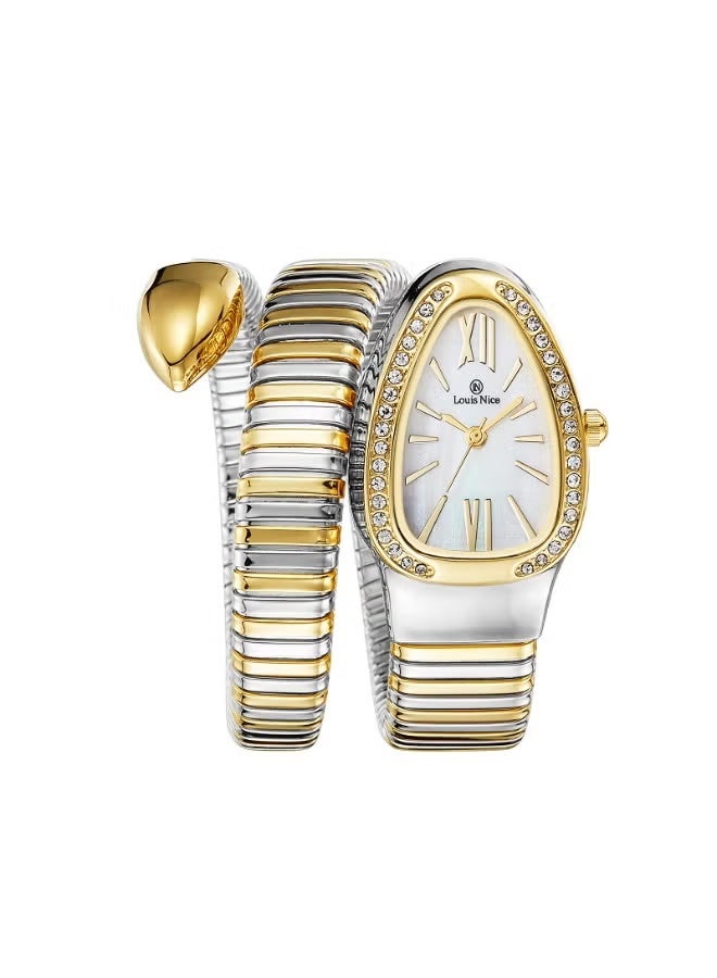 A women's watch with a "snake" design from Louis Nice, featuring a water-resistant case and mother-of-pearl dial, inspired by Bulgari's famous design.